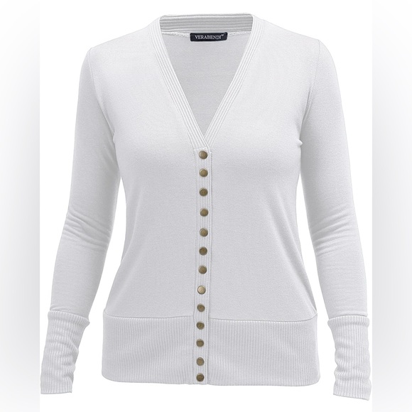 Women’s Long Sleeve Knit Sweater Cardigan- White - Picture 2 of 7